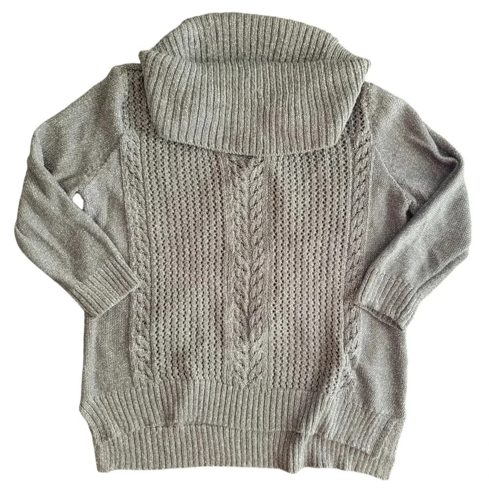 New York & Company Grey Silver Metallic Cable Knit Cowl Neck Sweater Women XL